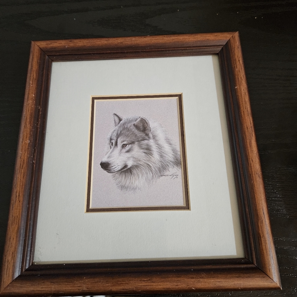VINTAGE HAROLD RIGSBY GRAPHICS MINI  WOLF PRINT MATTED AND FRAMED 8X7